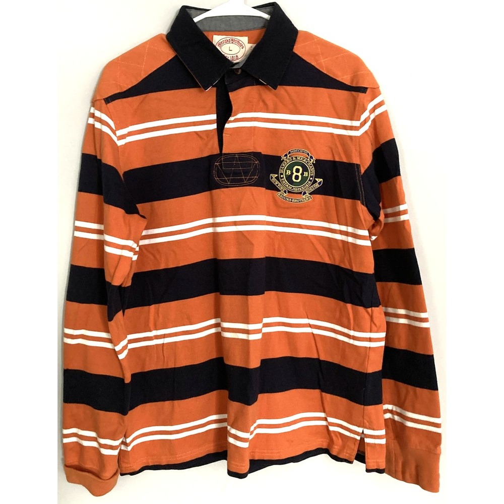 Brooks Brothers Polo Shirt Mens Large Orange Navy Rugby Stripe Long Sleeve Logo